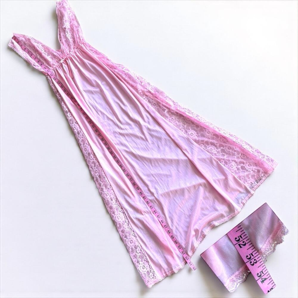 Vintage Pink Nightgown Peekaboo Lace Maxi Lingerie Babydoll Deep V Full Length - Picture 8 of 10